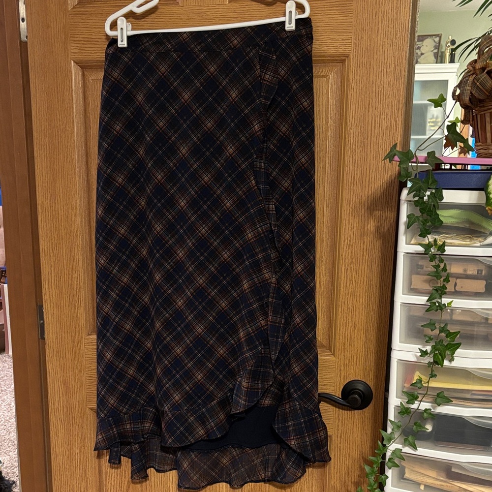 Maurices Navy Plaid Faux Wrap High Low Skirt